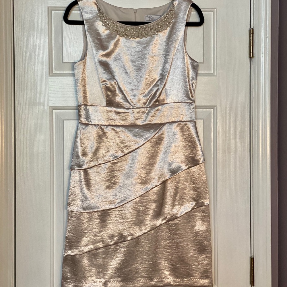 NWOT champagne dress with pearl collar, size 10
